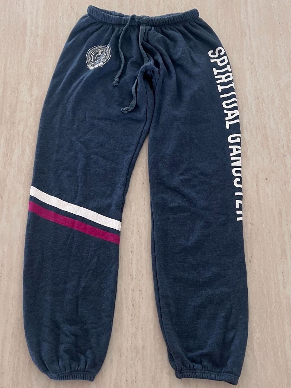 EUC Spiritual Gangster Blue Graphic Sweatpants With Contrast Stripes XS RARE